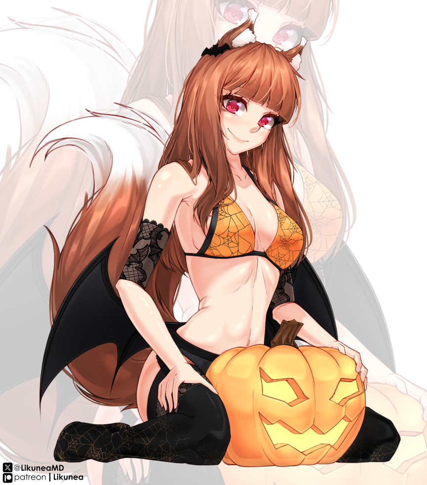 1girl, animal_ears, armband, bat_wings, black_armband, black_panties, black_thighhighs, bra, breasts, breasts_apart, brown_hair, closed_mouth, collarbone, full_body, halloween, holo, jack-o'-lantern, lace_armband, likunea, long_hair, looking_at_viewer, low_wings, medium_breasts, navel, orange_bra, paid_reward_available, panties, patreon_username, print_bra, red_eyes, sitting, smile, solo, spice_and_wolf, spider_web_print, tail, thighhighs, twitter_username, underwear, wariza, wings, wolf_ears, wolf_girl, wolf_tail, zoom_layer