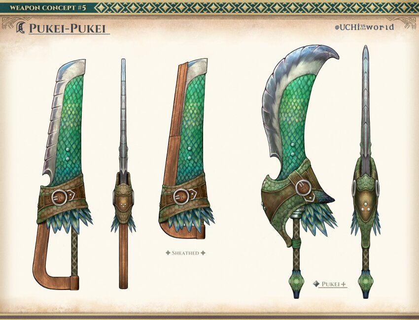 artist_name, belt, character_name, concept_art, english_text, feathers, gradient_background, greatsword