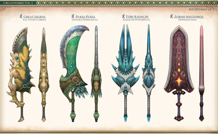 absurdres, artist_name, blue_scales, bone, character_name, chipped_sword, concept_art, english_text