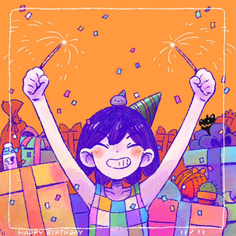 1boy, arms_up, blush, box, cactus, closed_eyes, collarbone, colored_skin, dated, fireworks, flower_pot, gift, gift_box, grin, happy_birthday, hat, holding, holding_fireworks, kel_(headspace)_(omori), kel_(omori), male_focus, omori, orange_background, parted_lips, party_hat, pet_rock, purple_hair, shadow_dog_(omori), short_hair, simple_background, smile, solo, sparkler, sun_iiinu, tank_top, teeth, upper_body, white_skin