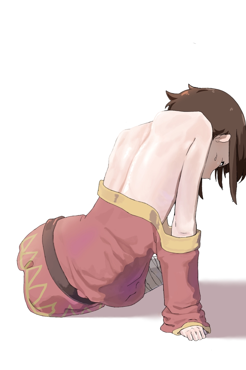 1girl, arm_support, back, bandaged_leg, bandages, belt, black_hair, dress, from_behind, highres, kono_subarashii_sekai_ni_shukufuku_wo!, kuroppoito, loose_dress, megumin, off-shoulder_dress, off_shoulder, red_dress, short_hair, solo