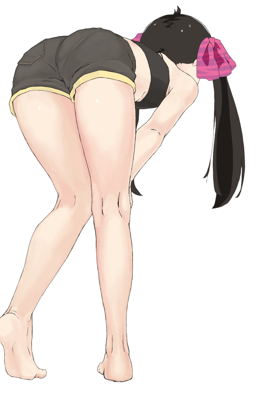 1girl, ass, barefoot, bent_over, black_hair, black_shorts, black_sports_bra, from_behind, full_body, hair_ribbon, highres, idolmaster, idolmaster_cinderella_girls, idolmaster_cinderella_girls_u149, kneepits, kuroppoito, legs, matoba_risa, pantylines, pink_ribbon, ribbon, shorts, simple_background, soles, solo, sports_bra, standing, twintails, white_background
