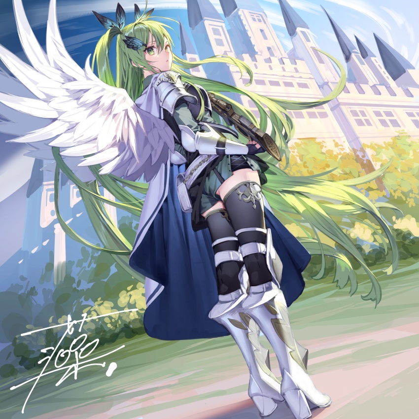 1girl, absurdres, armor, armored_boots, black_gloves, black_thighhighs, boots, castle