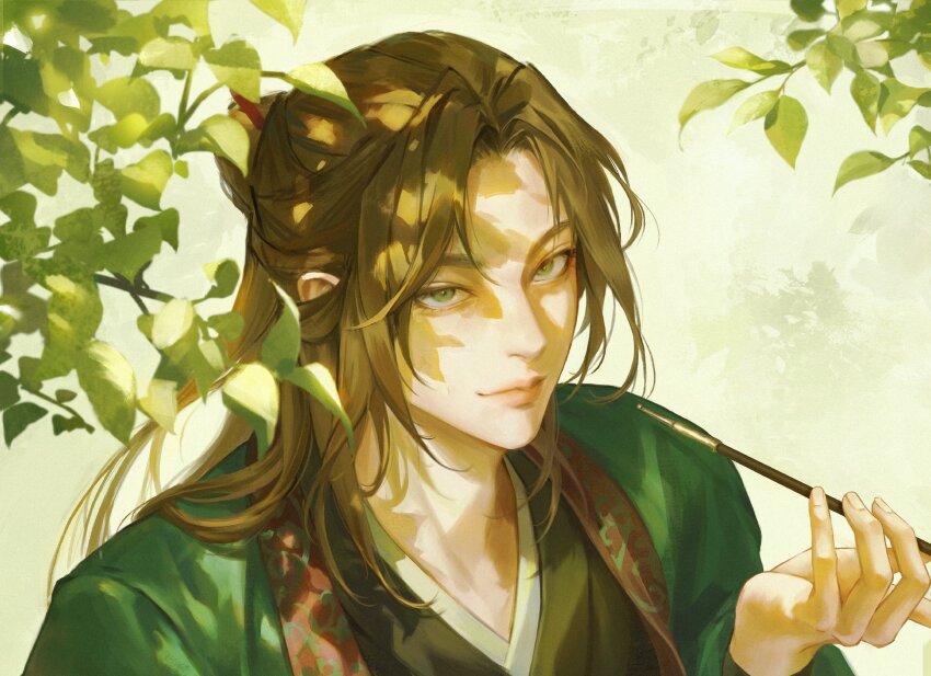 1boy, brown_hair, foliage, green_eyes, green_robe, hair_bun, hair_ornament, hair_stick, highres, holding, holding_smoking_pipe, kiseru, korean_clothes, korean_commentary, leaf, long_hair, long_sleeves, looking_at_viewer, male_focus, manakk_9, return_of_the_mount_hua_sect, robe, smile, smoking_pipe, solo, tang_bo_(return_of_the_mount_hua_sect), upper_body, wide_sleeves