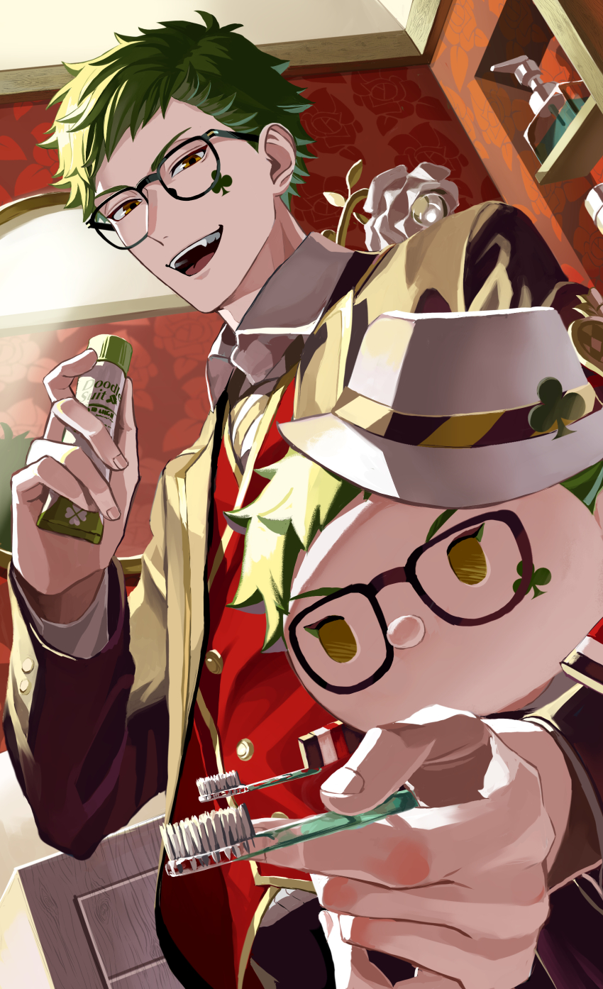 1boy, absurdres, bathroom, brown_eyes, character_doll, chikuwa_glasses, commentary_request, disney_tsum-tsum