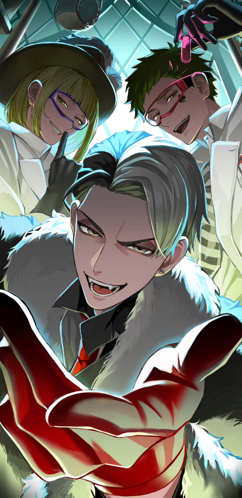 3boys, absurdres, chikuwa_glasses, coat, commentary_request, divus_crewel, fangs, fur_coat