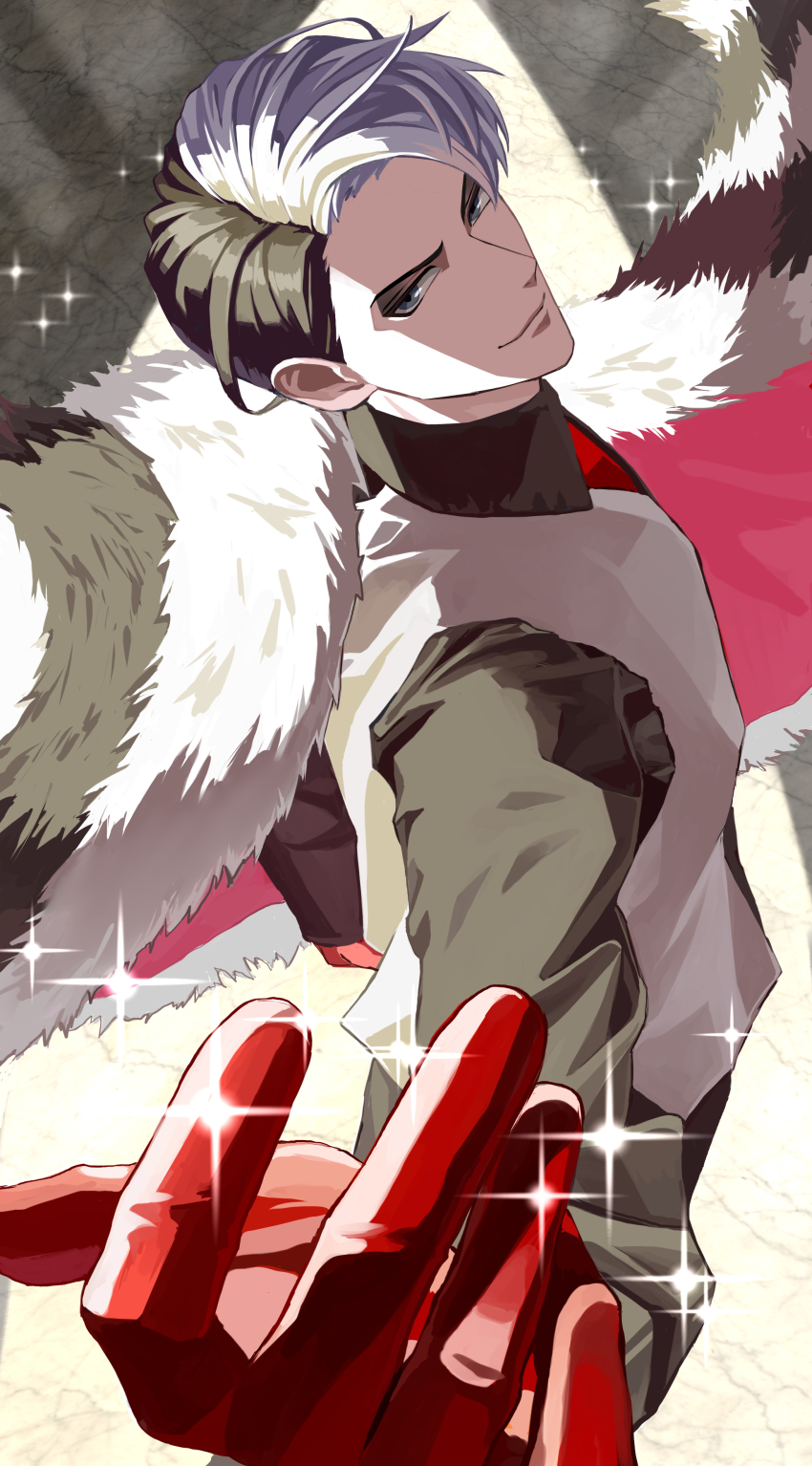 1boy, absurdres, black_eyes, black_hair, black_shirt, chikuwa_glasses, coat, commentary_request, cowboy_shot, divus_crewel, foreshortening, fur_coat, gloves, highres, looking_at_viewer, looking_back, male_focus, multicolored_hair, red_gloves, shirt, short_hair, solo, sparkle, sparkling_aura, split-color_hair, twisted_wonderland, vest, white_hair, white_vest