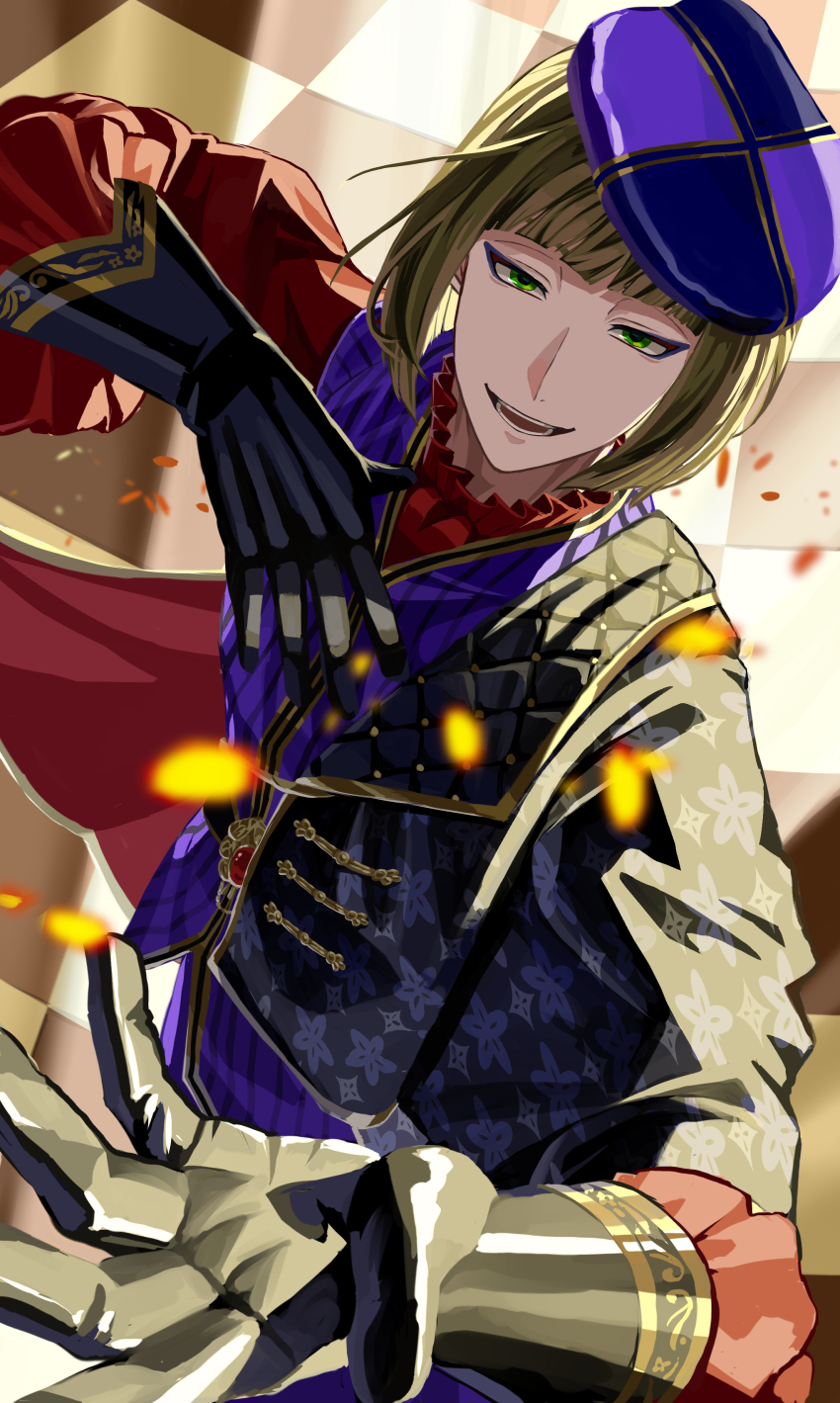 1boy, absurdres, beret, black_gloves, blonde_hair, chikuwa_glasses, commentary_request, falling_petals