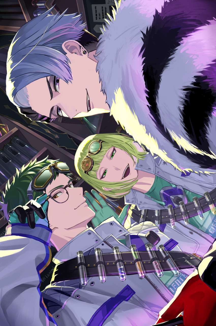 3boys, absurdres, adjusting_eyewear, chikuwa_glasses, coat, commentary_request, divus_crewel, fur_coat