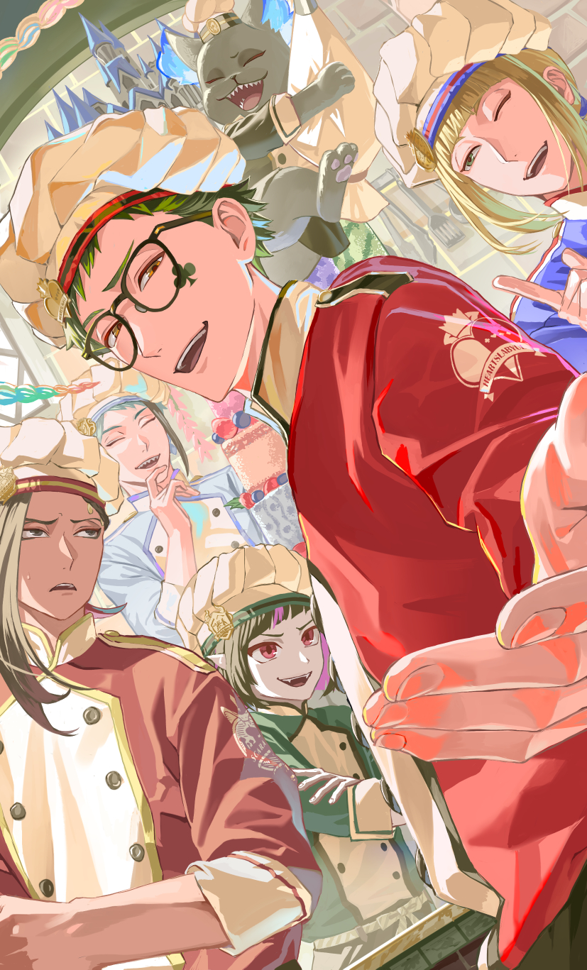 5boys, blonde_hair, brown_hair, castle, chef, chef_hat, chikuwa_glasses, commentary_request, creature, glasses, green_hair, grim_(twisted_wonderland), hat, highres, indoors, jade_leech, jamil_viper, lilia_vanrouge, looking_at_viewer, male_focus, multiple_boys, orange_eyes, reaching, reaching_towards_viewer, rook_hunt, short_hair, trey_clover, twisted_wonderland