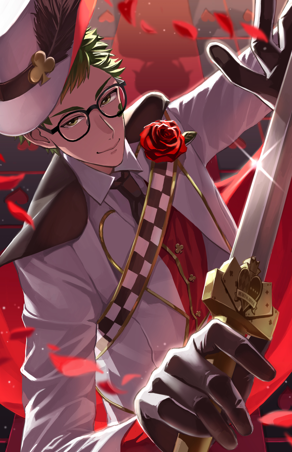 1boy, black_gloves, chikuwa_glasses, coat, commentary_request, glint, gloves, green_eyes