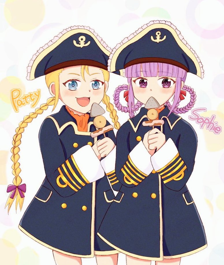 2girls, :d, blonde_hair, blue_eyes, blunt_bangs, bow, braid, braided_hair_rings