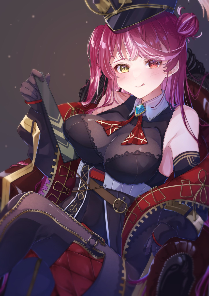 1girl, bare_shoulders, breasts, elbow_gloves, gloves, highres, hololive, houshou_marine