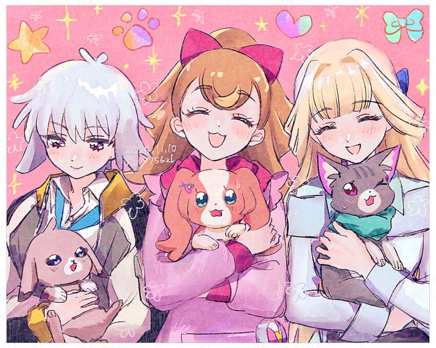 2boys, 4girls, 756zl, aqua_scrunchie, blonde_hair, bow, brown_fur, brown_hair