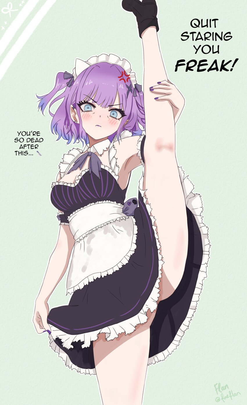 1girl, absurdres, anger_vein, apron, arm_up, armpits, artist_name, bare_legs, bare_shoulders, black_footwear, blue_eyes, blush, bow, bowtie, breasts, closed_mouth, convenient_censoring, dress, earrings, english_text, eyelashes, faeflan, frilled_apron, frilled_dress, frills, gradient_hair, green_background, hair_ribbon, highres, indie_virtual_youtuber, jewelry, kneepits, legs, looking_at_viewer, maid, maid_apron, maid_headdress, medium_breasts, medium_hair, mint_fantome, multicolored_hair, no_panties, purple_bow, purple_bowtie, purple_dress, purple_hair, ribbon, solo, split, standing, standing_on_one_leg, standing_split, stud_earrings, thighs, twitter_username, two_side_up, v-shaped_eyebrows, virtual_youtuber