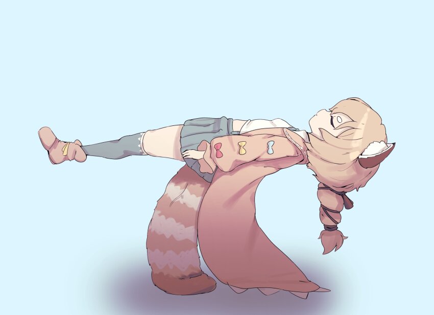 1girl, animal_ear_fluff, animal_ears, blue_background, blue_bow, bow, brown_coat, brown_footwear