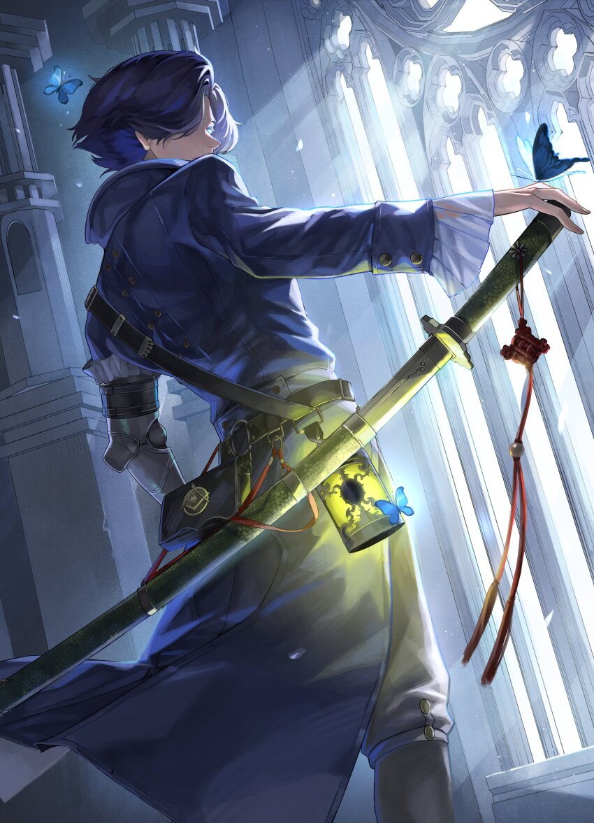 1boy, absurdres, belt, black_coat, black_hair, blue_butterfly, bug, butterfly, cdgm000, coat, commentary, english_commentary, glowing, highres, holding, holding_sword, holding_weapon, indoors, insect, katana, lantern, lies_of_p, looking_back, male_focus, mechanical_arms, pinocchio_(lies_of_p), prosthesis, prosthetic_arm, short_hair, single_mechanical_arm, standing, sunlight, sword, weapon