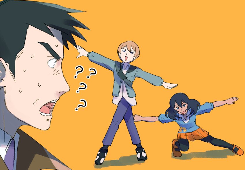 1girl, 2boys, ?, ??, black_hair, cosplay, dexio_(pokemon), emma_(pokemon)