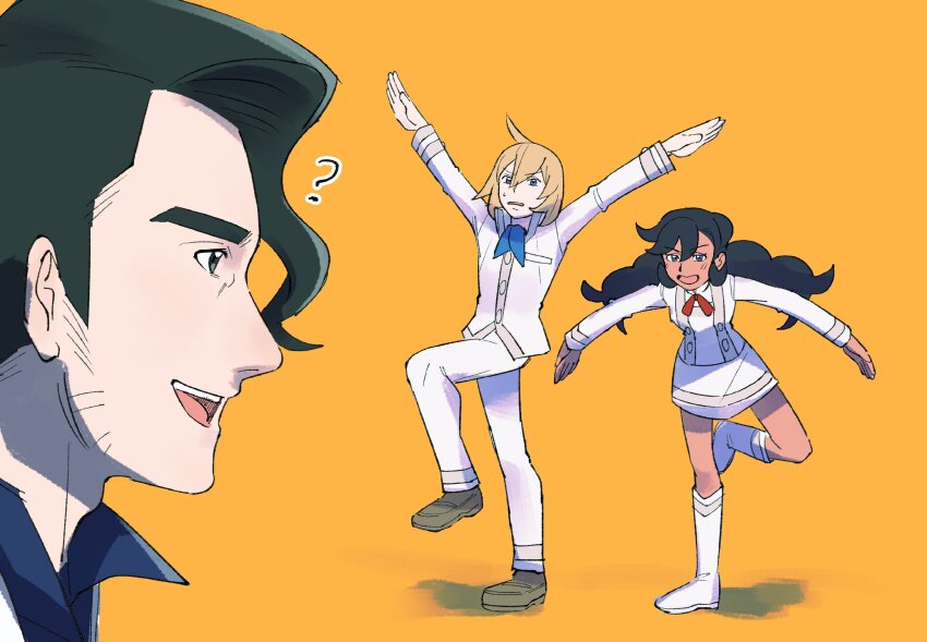 1girl, 2boys, ?, ahoge, professor_sycamore, black_hair, blonde_hair, boots