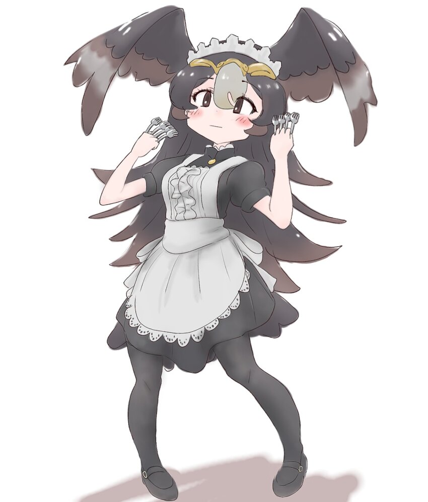 1girl, alternate_costume, apron, bird_girl, bird_tail, bird_wings, black_dress, black_hair