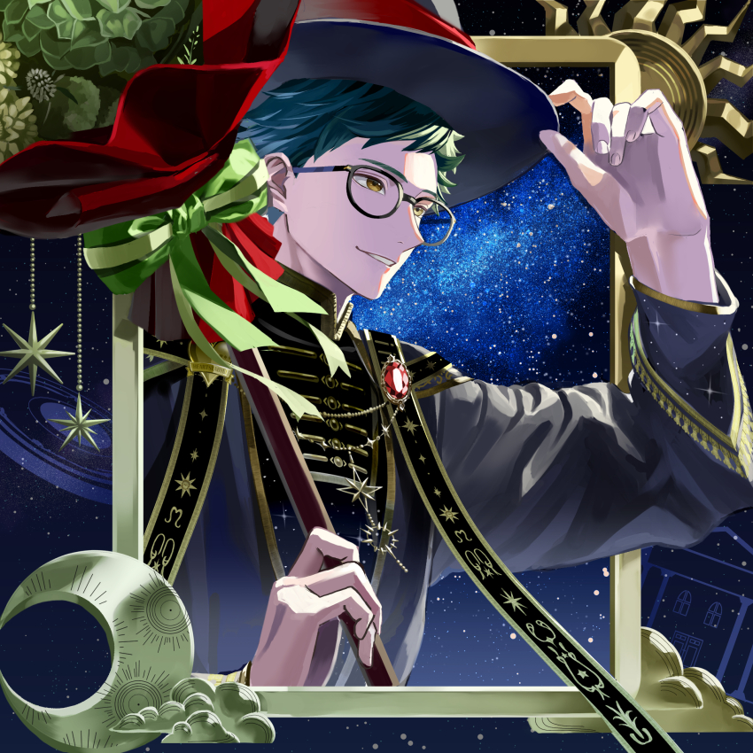 1boy, black_robe, chikuwa_glasses, commentary_request, glasses, green_hair, hat, highres