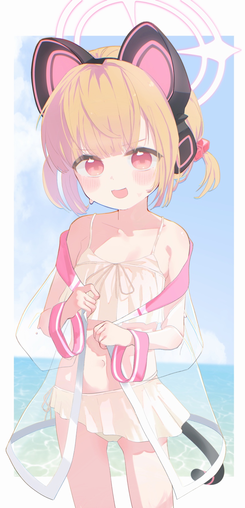 1girl, absurdres, animal_ear_headphones, animal_ears, beads, bikini, bikini_skirt, blonde_hair