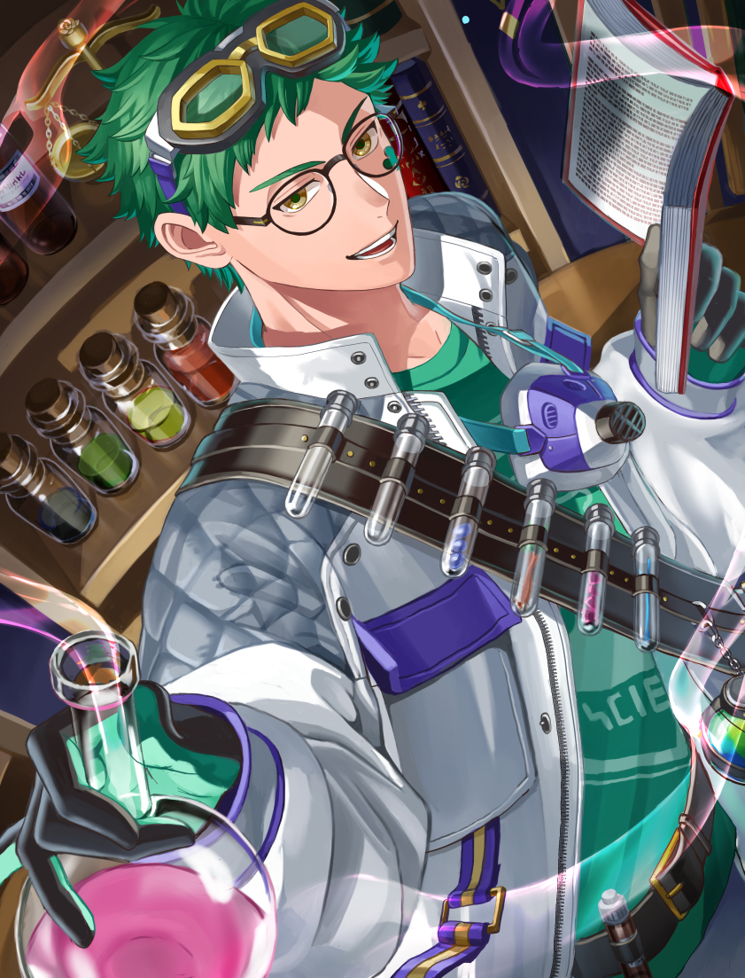 1boy, black_gloves, book, chikuwa_glasses, coat, commentary_request, flask, glasses, gloves, goggles, goggles_on_head, green_hair, green_shirt, holding, holding_book, looking_at_viewer, male_focus, round-bottom_flask, shirt, short_hair, solo, test_tube, trey_clover, trey_clover_(lab_coat), twisted_wonderland, white_coat, yellow_eyes