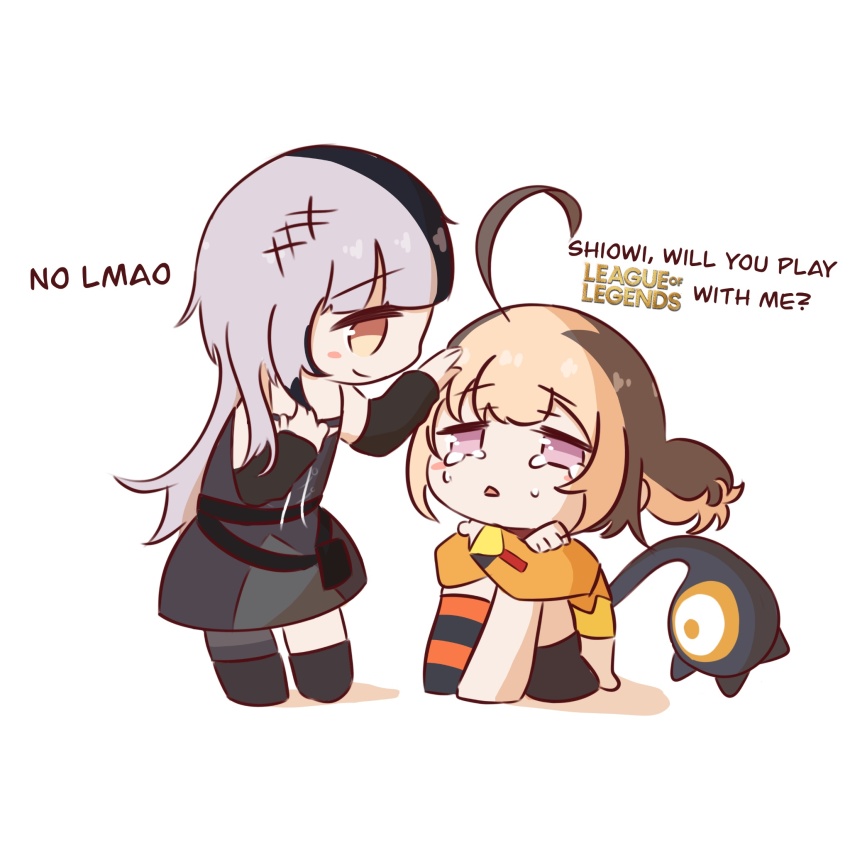 2girls, ahoge, arm_warmers, black_arm_warmers, black_dress, black_shorts, black_thighhighs, blush_stickers, brown_hair, chibi, chibi_only, commentary, crying, crying_with_eyes_open, dress, english_commentary, english_text, full_body, gigi_murin, gigi_murin_(1st_costume), hand_on_own_chest, headpat, highres, hiroavrs, hololive, hololive_english, knees_to_chest, league_of_legends, long_hair, long_sleeves, looking_at_another, multicolored_hair, multiple_girls, orange_shrug, orange_thighhighs, parted_lips, shiori_novella, shiori_novella_(1st_costume), shorts, shrug_(clothing), simple_background, single_thighhigh, smile, striped_clothes, striped_thighhighs, tail, tears, thighhighs, two-tone_hair, virtual_youtuber, white_background