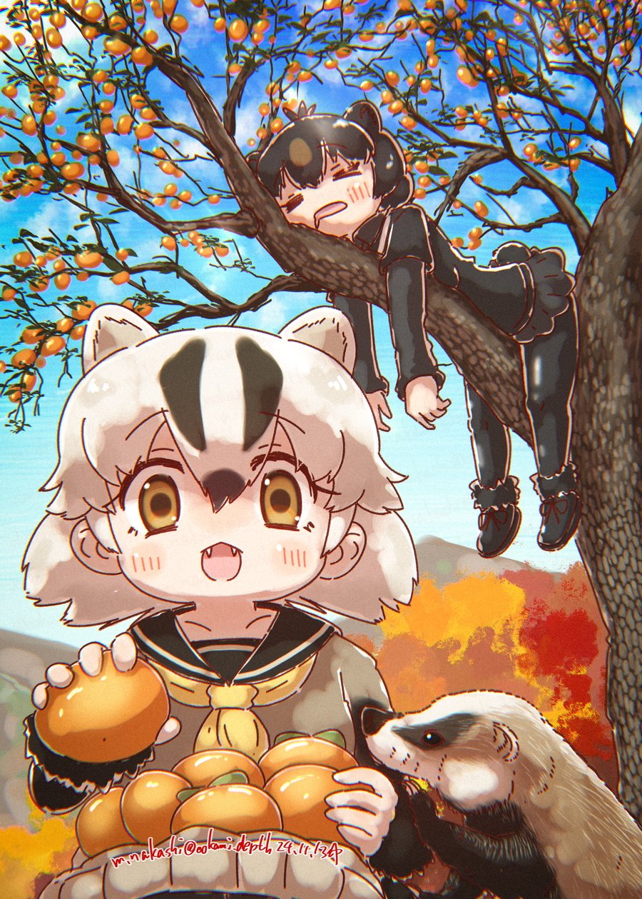 >_<, 2girls, animal_ears, autumn_leaves, badger, badger_ears, badger_girl, badger_tail