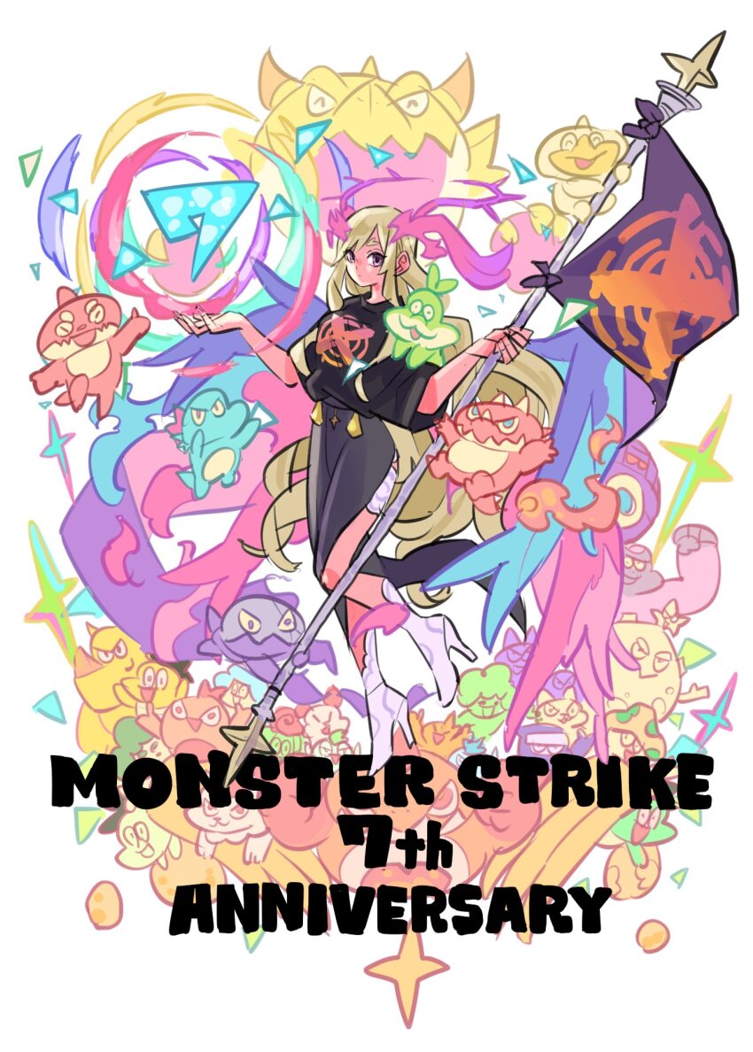 1girl, ^_^, black_shirt, black_skirt, black_smydra, blonde_hair, blue_smydra, ceros_(monster_strike)