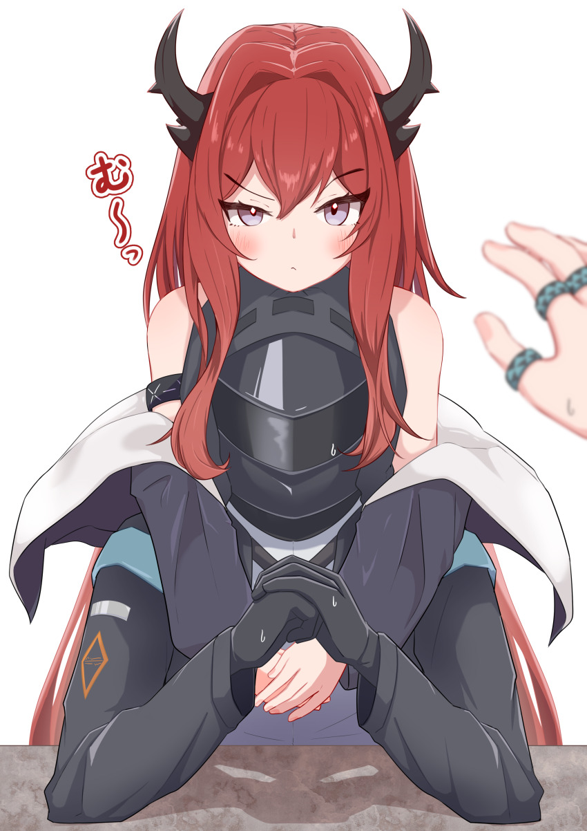 1other, 2girls, :<, absurdres, amiya_(arknights), arknights, armband, barurun_pen, black_armband, black_coat, black_dress, coat, commentary_request, demon_horns, doctor_(arknights), dress, highres, hood, hood_up, hooded_coat, horns, hug, hug_from_behind, infection_monitor_(arknights), jewelry, long_hair, long_sleeves, looking_at_viewer, multiple_girls, multiple_rings, pov, purple_eyes, raised_eyebrow, red_hair, ring, simple_background, straight-on, surtr_(arknights), very_long_hair, white_background