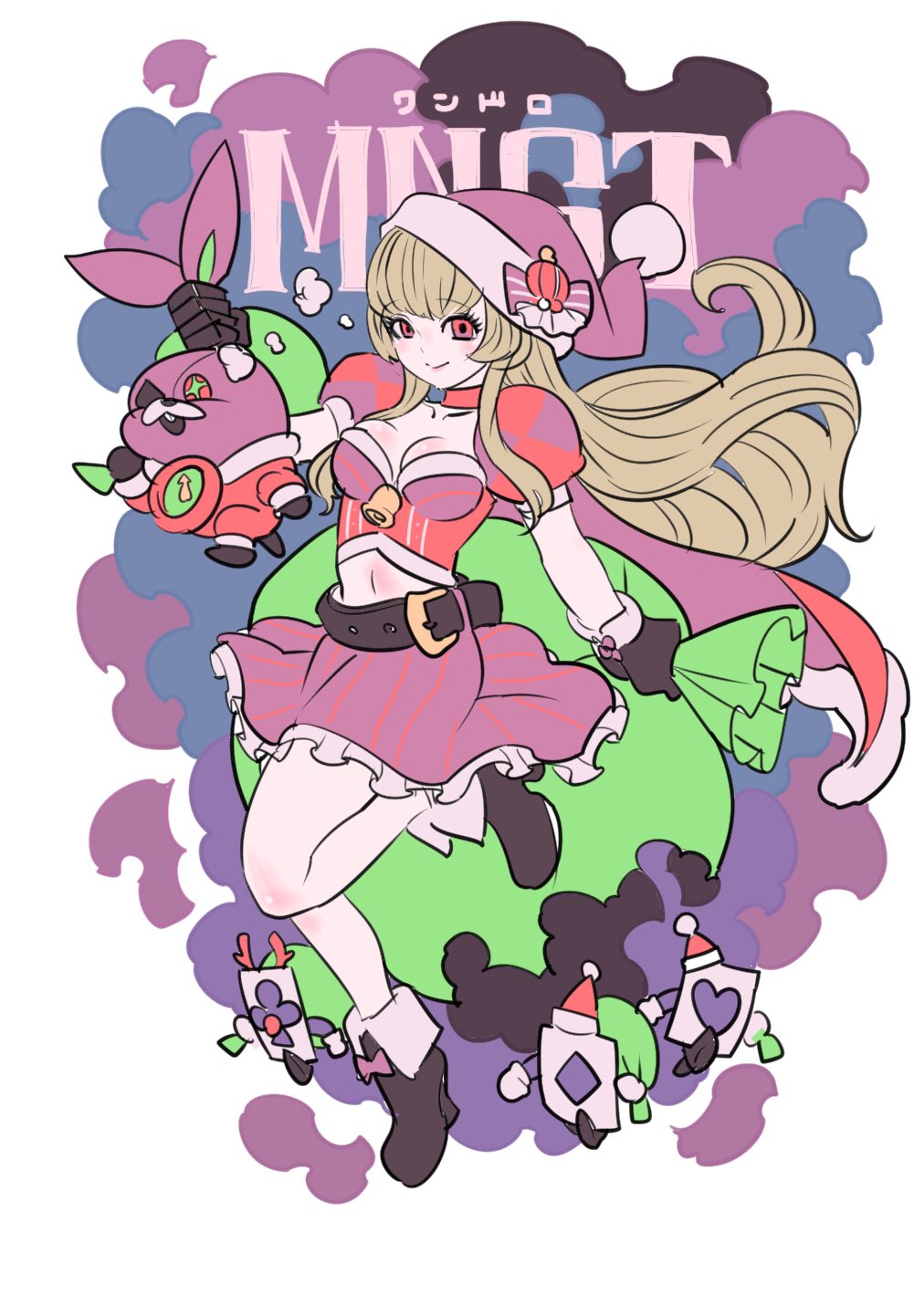 1girl, alice_(monster_strike), bag, belt, black_gloves, blonde_hair, card, choker, closed_mouth, commentary_request, crazy_rabbit_(monster_strike), fake_antlers, full_body, gloves, hat, highres, holding, holding_bag, holding_stuffed_toy, long_hair, looking_at_viewer, monster_strike, puffy_short_sleeves, puffy_sleeves, purple_skirt, santa_hat, short_sleeves, skirt, smile, standing, standing_on_one_leg, stuffed_toy, takeuchi_ryousuke