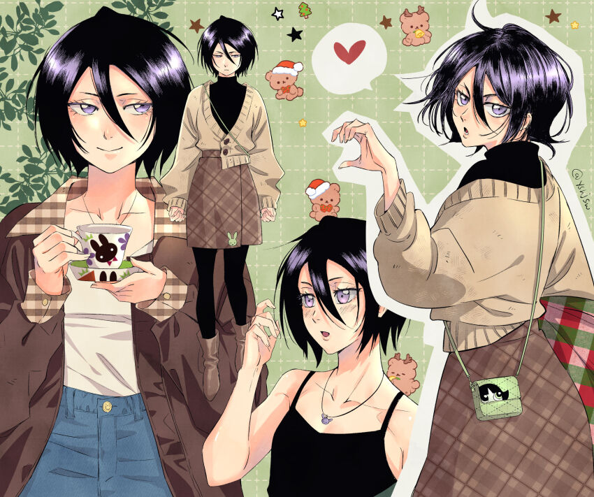 1girl, alternate_costume, antlers, bag, bare_shoulders, bear, black_hair, black_pantyhose, black_sweater, black_tank_top, bleach, blush, boots, breasts, brown_coat, brown_footwear, brown_skirt, buttercup_(ppg), cardigan, cleavage, closed_mouth, coat, collarbone, commentary, contemporary, cup, full_body, green_bag, grid_background, hair_between_eyes, hand_up, handbag, hat, heart, heart_hands_invitation, highres, holding, holding_cup, holding_plate, horns, jewelry, kuchiki_rukia, long_sleeves, multiple_views, necklace, open_mouth, pantyhose, pendant, plaid_clothes, plaid_skirt, plate, powerpuff_girls, puffy_long_sleeves, puffy_sleeves, purple_eyes, reindeer_antlers, santa_hat, shirt, short_hair, shoulder_bag, skirt, smile, spoken_heart, star_(symbol), sweater, tank_top, teacup, turtleneck, turtleneck_sweater, twitter_username, white_shirt, yshjsw