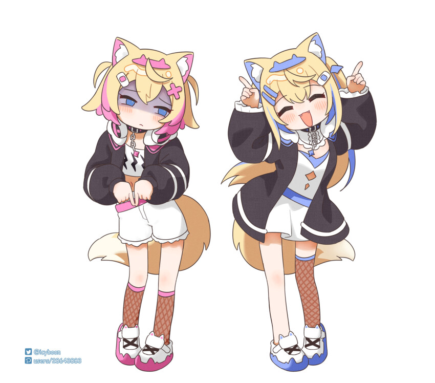 2girls, :3, :d, ^_^, animal_ear_fluff, animal_ears, bandaid, bandaid_hair_ornament