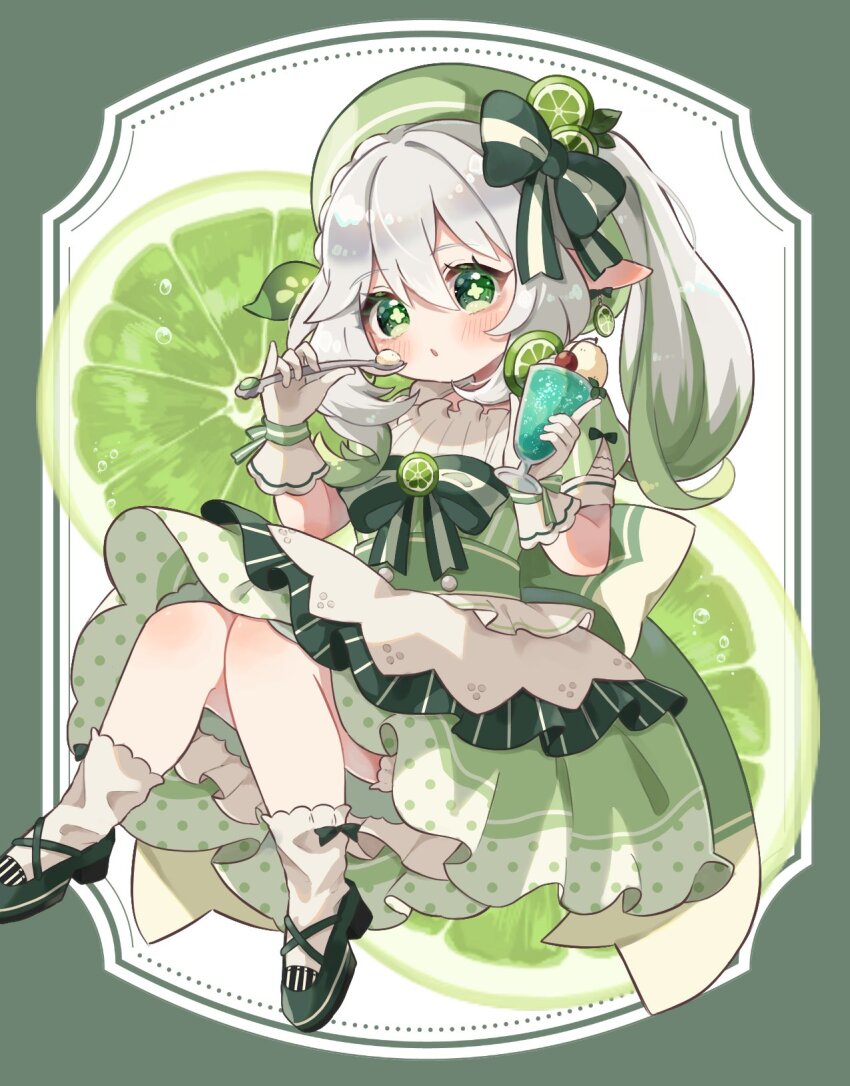 1girl, :o, back_bow, beret, bloomers, blush, bow, bow_earrings, braid, brooch, buttons, cherry, commentary_request, cross-shaped_pupils, cup, earrings, eyelashes, food, food-themed_brooch, food-themed_earrings, food-themed_hat_ornament, frilled_shirt_collar, frilled_skirt, frills, fruit, fruit_brooch, fruit_hat_ornament, genshin_impact, gloves, green_bow, green_eyes, green_hair, green_hat, green_ribbon, green_shoes, green_skirt, hair_between_eyes, hair_bow, hair_intakes, hair_ornament, hands_up, hat, hat_ornament, high-waist_skirt, highres, holding, holding_cup, holding_spoon, huge_bow, ice_cream, ice_cream_float, jewelry, layered_skirt, leaf_hair_ornament, lime_(fruit), lime_earrings, lime_slice, long_hair, looking_at_viewer, melon_soda, multicolored_hair, nahida_(genshin_impact), nanakusa_yomogi, open_mouth, pointy_ears, polka_dot, polka_dot_skirt, puffy_short_sleeves, puffy_sleeves, ribbon, shirt, shoes, short_sleeves, side_ponytail, sidelocks, simple_background, single_braid, skirt, socks, solo, spoon, streaked_hair, striped_bow, symbol-shaped_pupils, underwear, white_background, white_bloomers, white_gloves, white_hair, white_shirt, white_skirt, white_socks