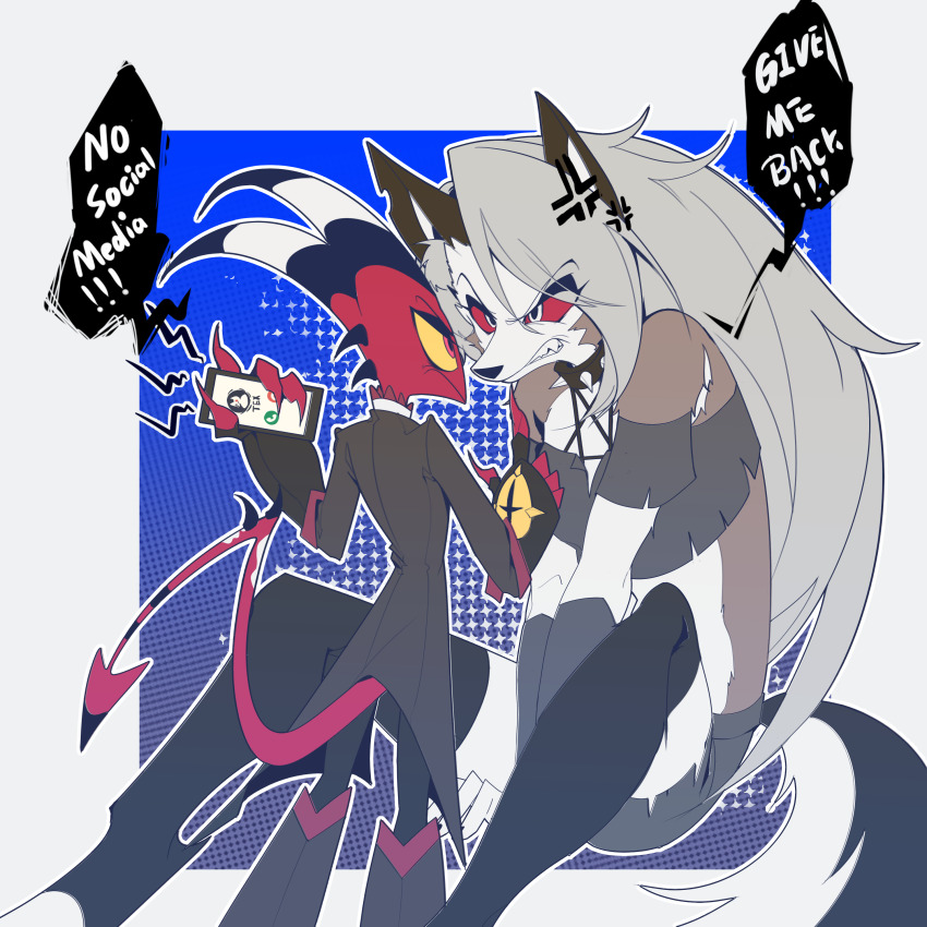 1boy, 1girl, absurdres, angry, blitzo_(helluva_boss), demon_boy, demon_girl, demon_horns, demon_tail, dog_girl, face-to-face, father_and_child, father_and_daughter, formal_clothes, furry, furry_female, hellaverse, helluva_boss, highres, horns, long_hair, loona_(helluva_boss), parent_and_child, suit, tail, white_hair, zhu_xing_pupupu