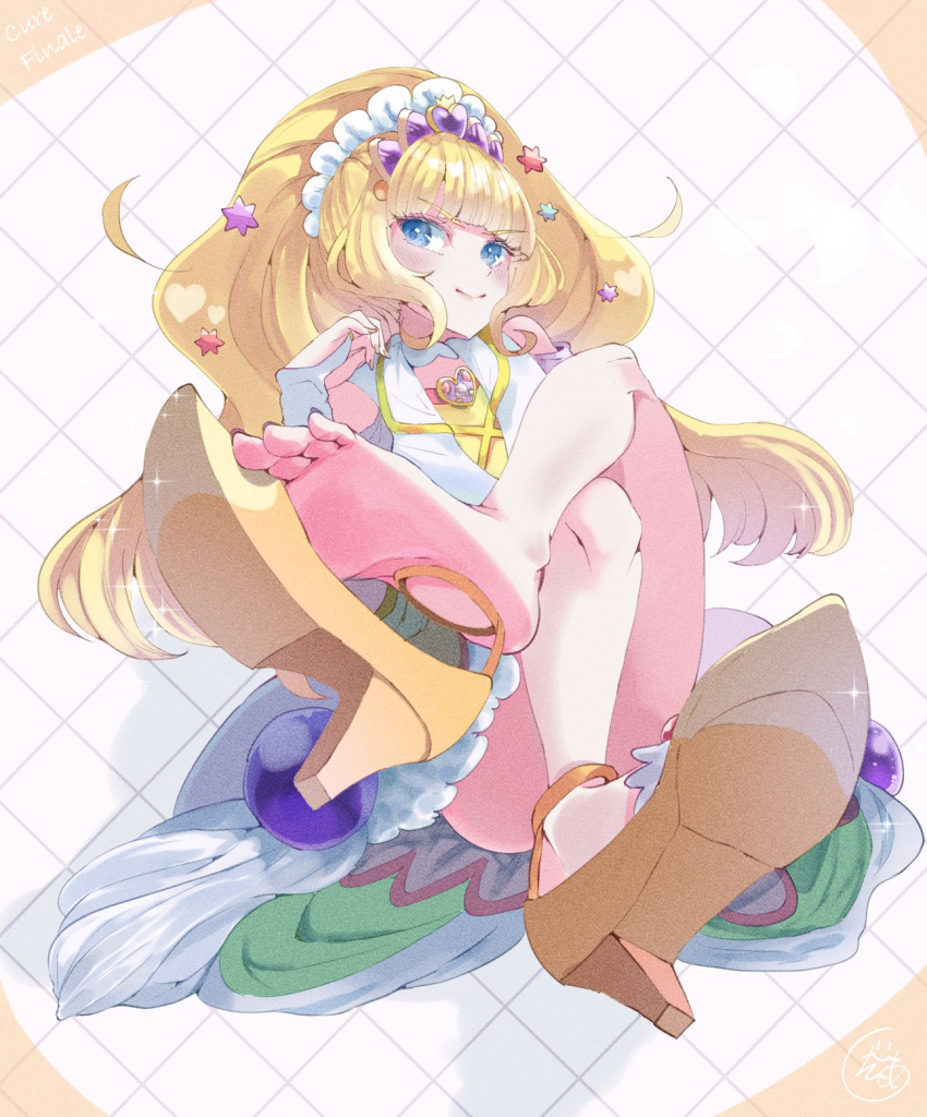 1girl, blonde_hair, blue_eyes, blush, boots, brooch, closed_mouth, cure_finale, delicious_party_precure, detached_sleeves, dress, g_tear, heart, heart_brooch, high_heel_boots, high_heels, highres, jewelry, kasai_amane, long_hair, magical_girl, multicolored_dress, petticoat, precure, signature, smile, solo, sparkle_hair_ornament, tiara, wide_ponytail, yellow_boots
