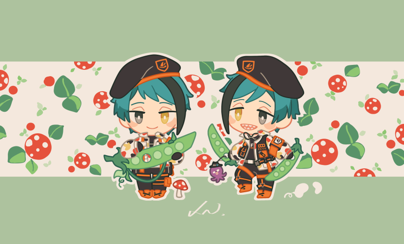 2boys, beanfest_(twisted_wonderland), black_eyes, blue_hair, brothers, chibi, commentary_request, floyd_leech, floyd_leech_(beans_camo), green_background, heterochromia, holding, holding_weapon, jacket, jade_leech, jade_leech_(beans_camo), looking_at_viewer, male_focus, multiple_boys, sharp_teeth, short_hair, siblings, teeth, twins, twisted_wonderland, vuls406, weapon, yellow_eyes