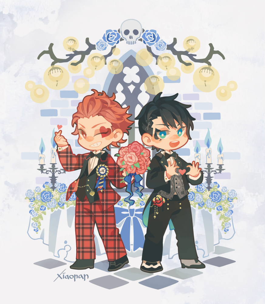 2boys, ace_trappola, ace_trappola_(suitor_suit), black_hair, black_suit, blue_eyes, bouquet, deformed