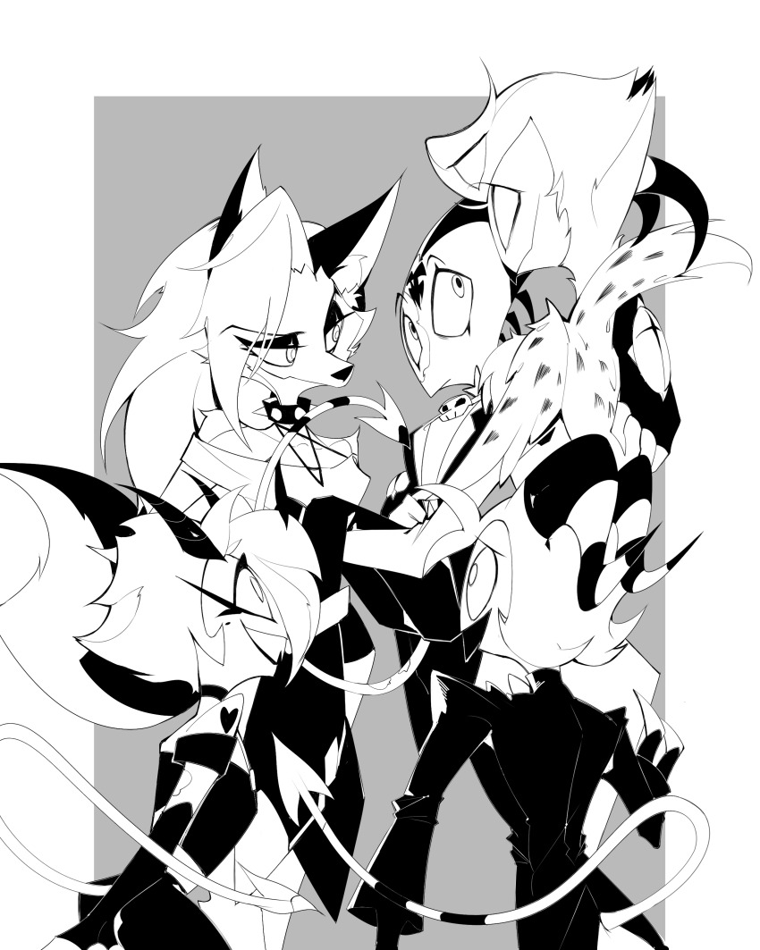 2girls, 3girls, absurdres, blitzo_(helluva_boss), demon_boy, demon_girl, demon_horns, demon_tail