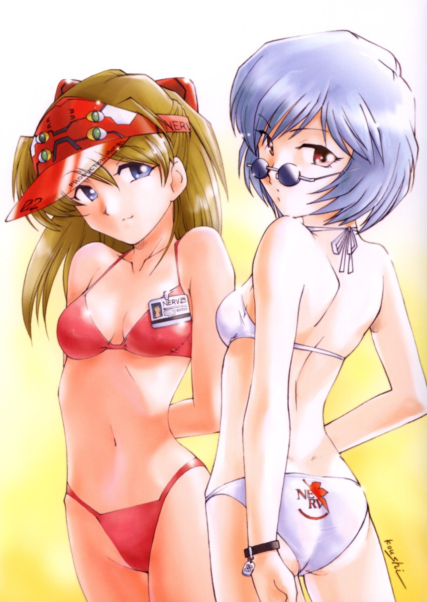 2girls, arms_behind_back, ass, ayanami_rei, bikini, blue_eyes, blue_hair, breasts