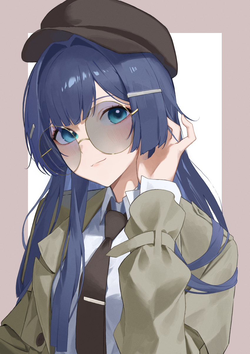 1girl, absurdres, adjusting_hair, black_necktie, blue_hair, brown_hat, closed_mouth, coat
