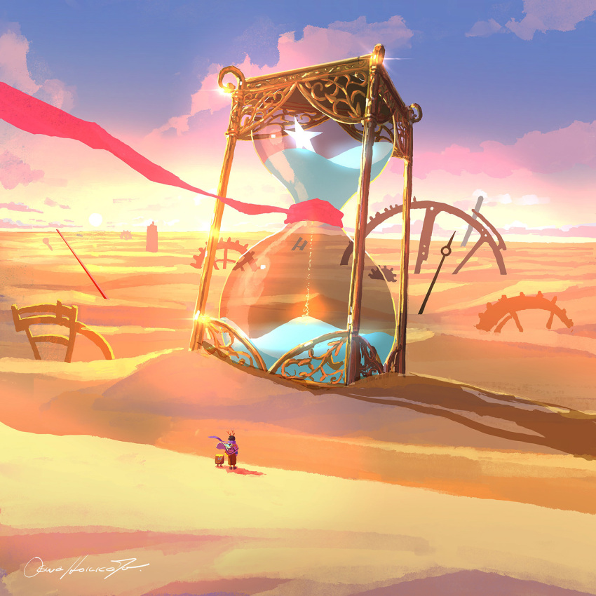 1other, blue_sky, brown_hair, cloud, creature, day, desert, highres