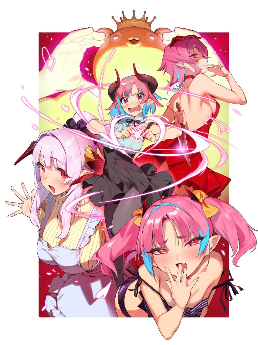 1boy, 4girls, absurdres, apron, arm_behind_back, bare_shoulders, black_pantyhose, black_skirt