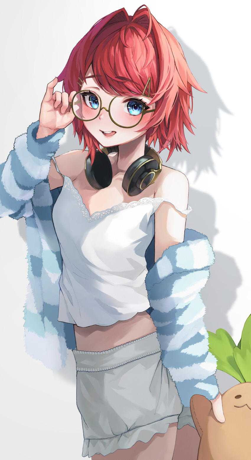 1girl, absurdres, adjusting_eyewear, ahoge, akechi_(akechi_5416), ange_katrina, ange_katrina_(loungewear), bare_shoulders, blue_eyes, blue_jacket, camisole, drop_shadow, glasses, grey_shorts, hair_intakes, hair_ornament, hairclip, hand_on_eyewear, headphones, headphones_around_neck, highres, holding, holding_stuffed_toy, jacket, lace-trimmed_camisole, lace_trim, long_sleeves, looking_at_viewer, looking_back, loungewear, mandragora_(ange_katrina), midriff_peek, multicolored_jacket, nijisanji, official_alternate_costume, open_clothes, open_jacket, open_mouth, red_hair, short_hair, shorts, simple_background, solo, striped_clothes, striped_jacket, stuffed_animal, stuffed_toy, two-tone_jacket, virtual_youtuber, white_background, white_camisole, white_jacket
