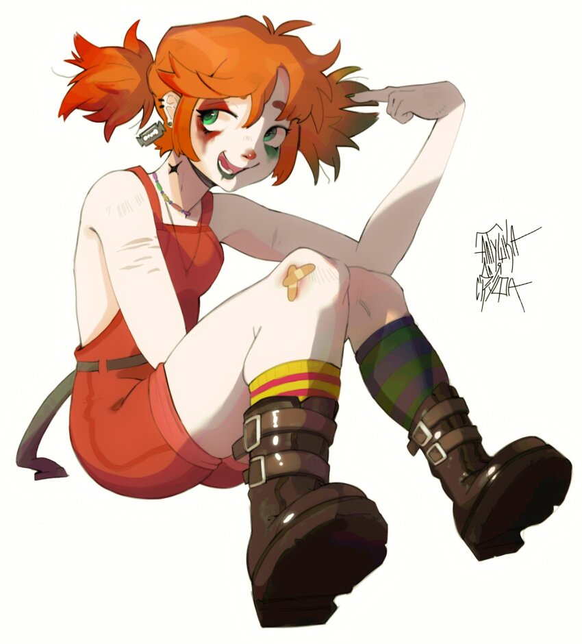 1girl, bandage_on_leg, boots, clown, green_eyes, highres, jewelry, necklace, orange_hair, original, pointing, pointing_at_self, ponytail, scar, scar_on_arm, short_ponytail, thesmilingbox1