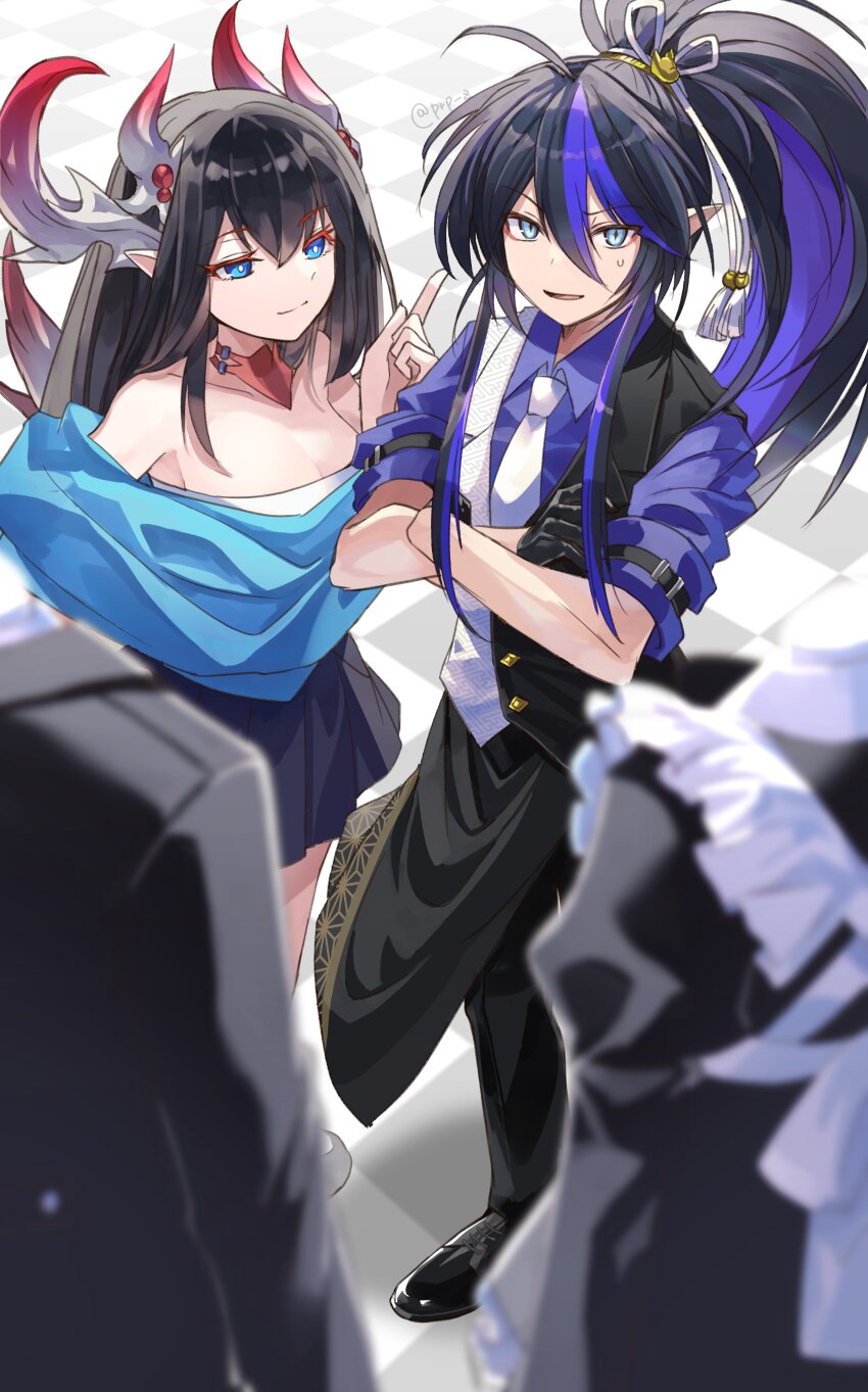 1boy, 1girl, absurdres, ahoge, apron, bartender, black_dress, black_hair