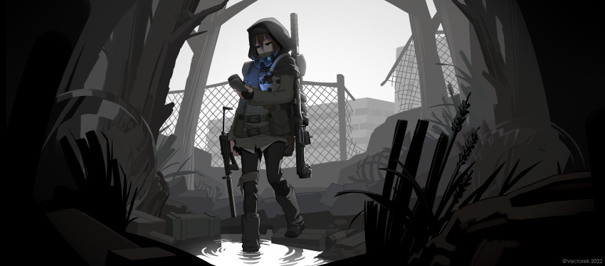 1girl, absurdres, boots, bullpup, chain-link_fence, dragunov_svu, fence, gas_mask