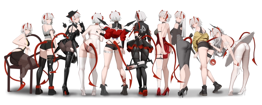 1girl, absurdres, ankle_boots, antenna_hair, arknights, ass, backless_leotard, black_footwear, black_gloves, black_hat, black_jacket, black_shorts, black_skirt, boots, bra, chinese_commentary, commentary_request, dress, from_behind, gloves, grey_shirt, hat, highres, horns, incredibly_absurdres, jacket, leotard, multiple_views, official_alternate_costume, panties, pleated_skirt, red_bra, red_dress, red_footwear, red_hair, red_horns, red_jacket, red_panties, red_tail, see-through_clothes, shirt, shoes, short_shorts, shorts, simple_background, skirt, thigh_boots, thighhighs, underwear, w_(arknights), w_(wanted)_(arknights), white_background, white_hair, white_thighhighs, wis'adel_(arknights), yat_(tsmn7245)