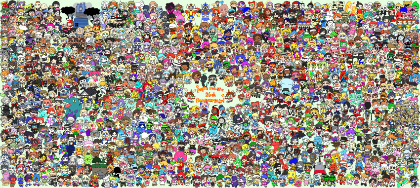 6+boys, 6+girls, absurdres, animal_ears, anniversary, annotation_request, apron, ash_(pop'n_music)